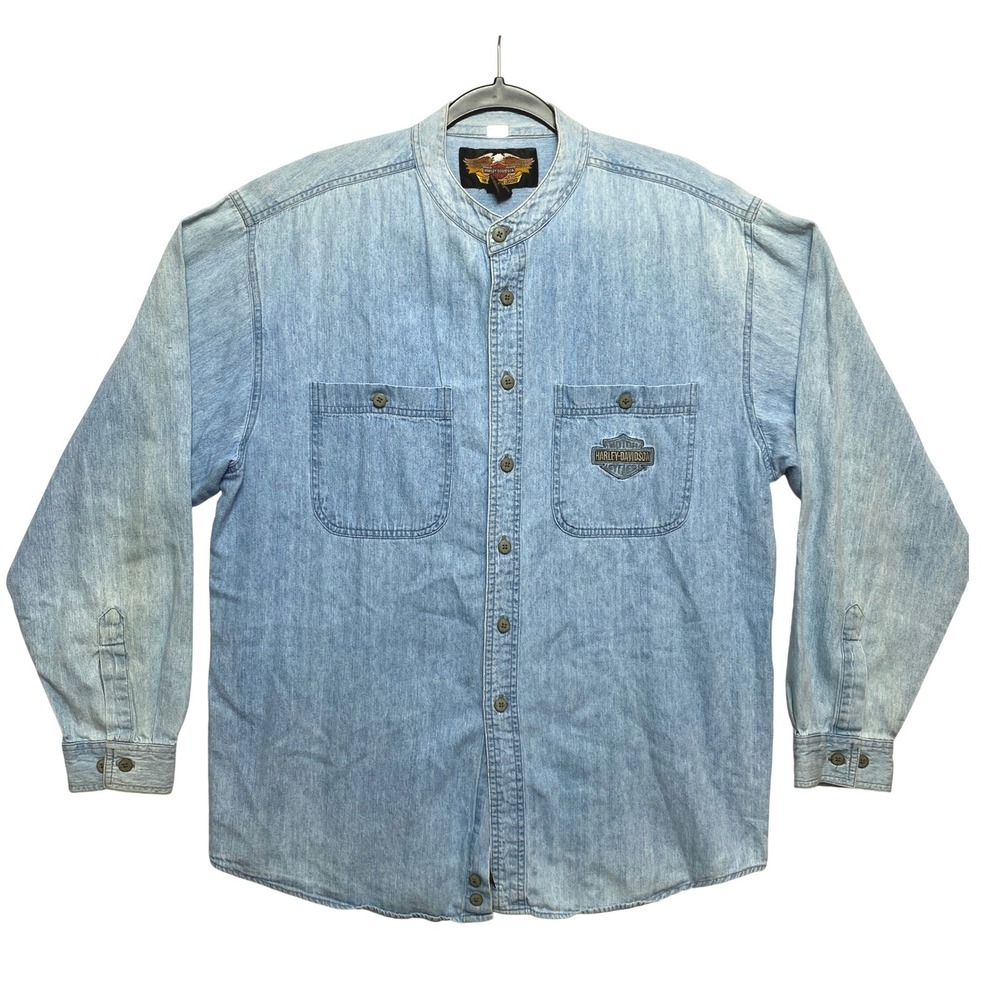 Harley Davidson Shirt Mens Large Blue Long Sleeve Denim Band Collar Button